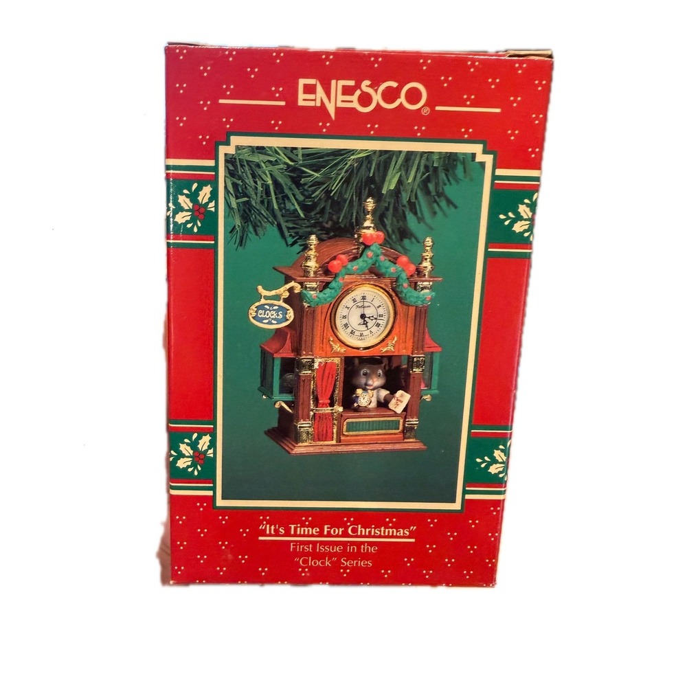 Vintage 1996 Enesco It's Time For Christmas Ornament Mouse Clock Shop 175455 Box